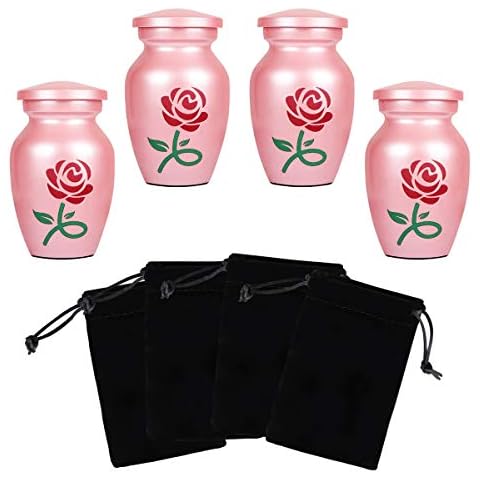 ICOKEE Small Pink Keepsake Urns for Human Ashes or Pet Ashes, Set of 4 (Rose Flower), Aluminum Cremation Urns, Mini Funeral Urns, with 4 Velvet Bags Cover