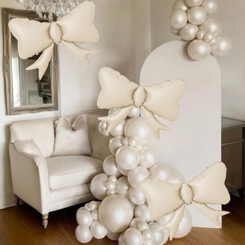 Image of 5pcs White Bow Balloon, Cream White Bows Balloons, Ivory Giant Bow Foil Balloon For Birthday Baby Shower Girls Women Boho Party Wedding Bridal Shower Bachelorette Engagement Graduation Decorations