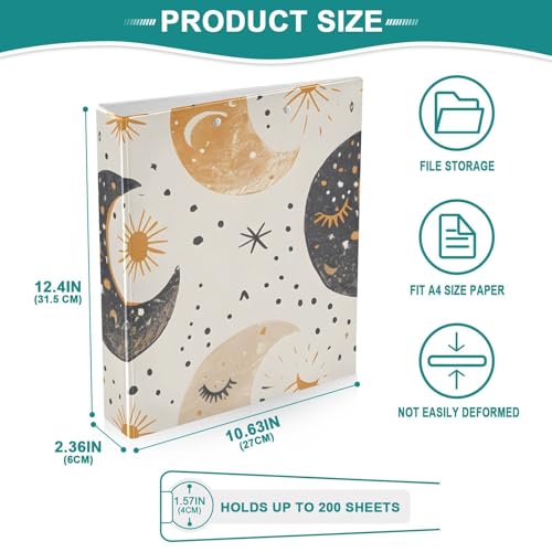 Image of 3 Ring Binder Boho Moon Phases Beige White 1.5 inch Binders Three Ring Binders with Clipboard Fit 8.5'' x 11'' Paper 3 Interior PVC Clear Pockets for Office Supplies