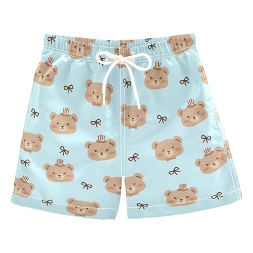 Cute Brown Bears Blue Print Boys Swim Trunks Boys Beach Board Shorts Quick Dry Bathing Suit