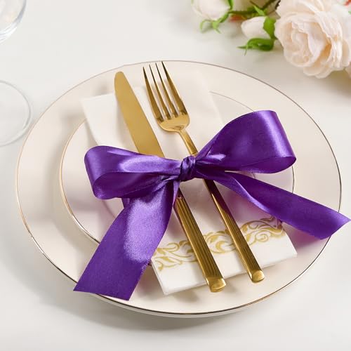 Image of Mauproy 1-1 /2 Inch Wide Purple Satin Ribbon, 50 Yards Solid Polyester Fabric Ribbon for Roses Making, Gift Wrapping, Flower Bouquets, Wedding Decorations, Handmade Crafts
