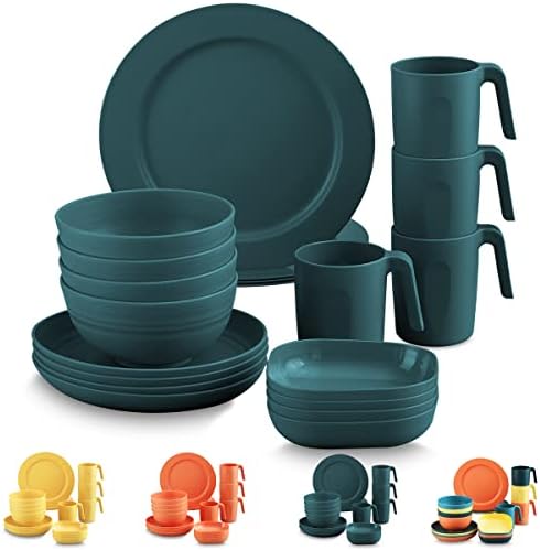 Kyraton Plastic Dinnerware Sets of 20 Pieces, Unbreakable And Reusable Light Weight Plates Mugs Bowls Dishes Easy to Carry And Clean Microwave Safe BPA Free Dishwasher Safe Service For 4 (Dark Green)