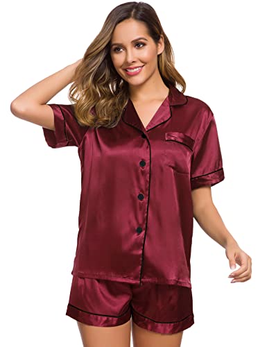 Image of SWOMOG Womens Silk Satin Pajamas Set Short Sleeve Sleepwear Button Down Top and Shorts Loungewear 2 Piece Pjs Set XS-3XL