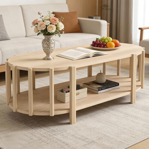 WODHMIEY Couchtisch Oval 119×60cm Wohnzimmertisch Modern 2 Ebenen Ablage Moderner Beistelltisch Skandinavisch Sofatisch Ovaler Coffee Table für Wohnzimmer Kleine Räume Pflegeleicht (Holzoptik)