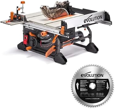 Evolution R10TS 10 Jobsite Table Saw + FW255TCT-60 Premium Fine Wood Blade Bundle | 15A Portable Wood Saw | Precision Rip Fence | Smooth Hardwood Cutting Kit
