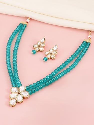 Image of Peora Crystal Faux Pearl Kundan Necklace & Jewellery Set Gift for Women