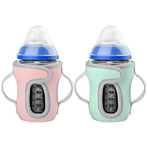 Image of Beautyflier Glass Baby Bottle Sleeve Covers for Tommee Tippee Nature Baby Bottles with Dual Handle, 3.8mm Thicken Heat and Cold Retention Baby Bottle Sleeve (Pink+Green)