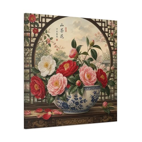Tableau Camélia Floral en Toile 90x90cm pour Décoration Salon