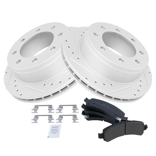 Image of TRQ Performance Rear Brake Pad and Rotor Set Semi Metallic G Coated Rotors Compatible with 2006-2016 Chevrolet Express 2500 2003-2016 Express 3500 GMC Savana 2500 Savana 3500