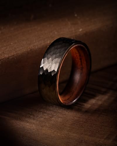 100S JEWELRY Black Hammered Finish Tungsten Rings For Men With Inner Rosewood Wedding Promise Band Size 6-163