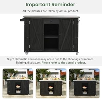 Outdoor Kitchen Island with Stainless Steel Foldable Tabletop, Towel and Spice Racks and a Bottle Opener, Lockable Wheels, Fir Wood Kitchen Island with Ample Storage Space for Outdoor (Black/084)