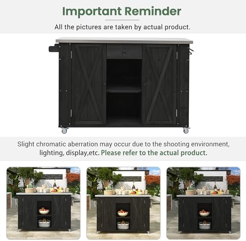 Outdoor Kitchen Island Fir Wood Kitchen Island with Stainless Steel Top,Ample Storage Space, Towel and Spice Racks and a Bottle Opener for Outdoor (Black@53)