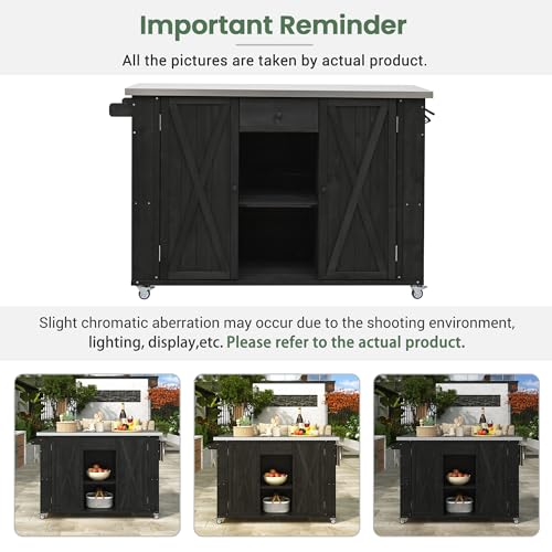 Outdoor Kitchen Island with Stainless Steel Foldable Tabletop, Towel and Spice Racks and a Bottle Opener, Lockable Wheels, Fir Wood Kitchen Island with Ample Storage Space for Outdoor (Black/084)