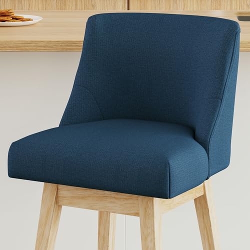 Image of Swivel Counter Height Bar Stools Set of 4, Modern Fabric Swivel Barstools with Contoured Back and Solid Wood Legs, Upholstered Counter Stool Bar Chairs for Kitchen Island, Home Bar, Blue