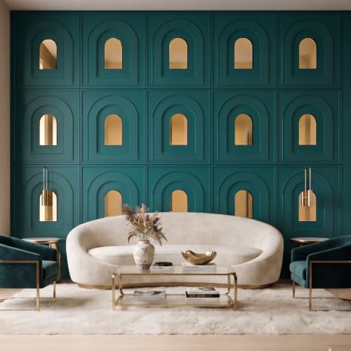 Image of Kayra Decor 3D PVC Wall Panels - Archi Design, Mirror Teal Green Color, 19.7 inch x 19.7 inch (Pack of 40) | Covers 107.60 Sq. Ft. |