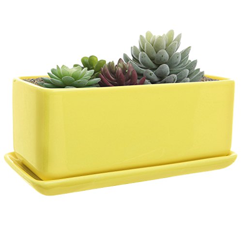 MyGift 10 inch Rectangular Modern Minimalist Yellow Ceramic Succulent Planter Pot/Window Box Container with Saucer and Drainage Holes