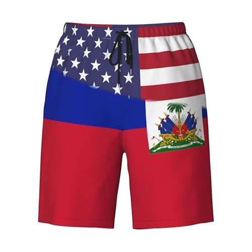 American Flag and Haiti Flag Mens Summer Seabeach Casual Shorts Seaside Surfing Swim Trunks Beach Pants