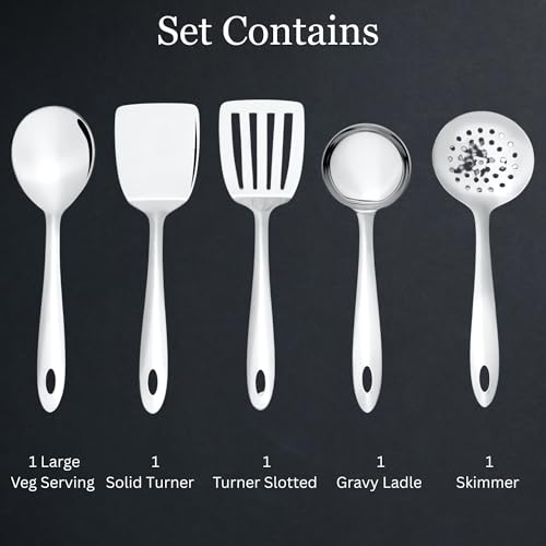 Image of Montavo by FnS 5 Pieces Stainless Steel Serving Tools Set | Slotted Turner, Soup Ladle, Skimmer Turner, Serving Spoon & Solid Turner | Kitchen Cooking Utensils for Home & Dining