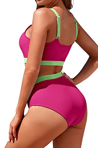 Image of Womens High Waisted Bikini Sets Sporty Crop Top Color Block Swimwear Bandeau Scoop Neck Vintage Two Piece Bathing Suits