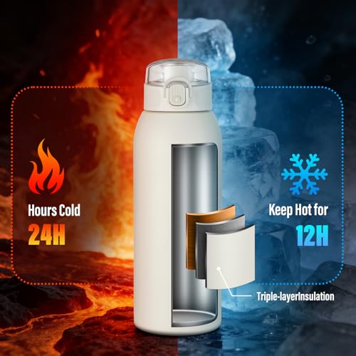 Image of Insulated Water Bottle 24 oz with Dustproof Lid, Carry Handle & Tea Infuser, BPA-Free & Leakproof, Stainless Steel Water Bottles Ideal for Fitness, Hiking, Office & Outdoor Use (Beige)