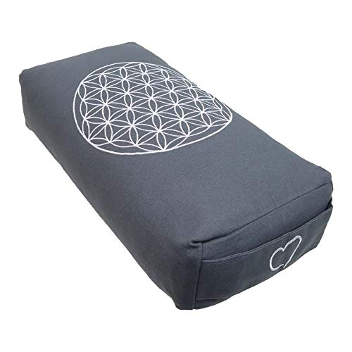 Cojín de meditación Shiva de alta calidad, diseño de "la Flor de la Vida" y relleno interior de cáscara de espelta ecológica. Dimensiones: 40 x 20 x 10 cm. Funda universal y lavable por separado, gris