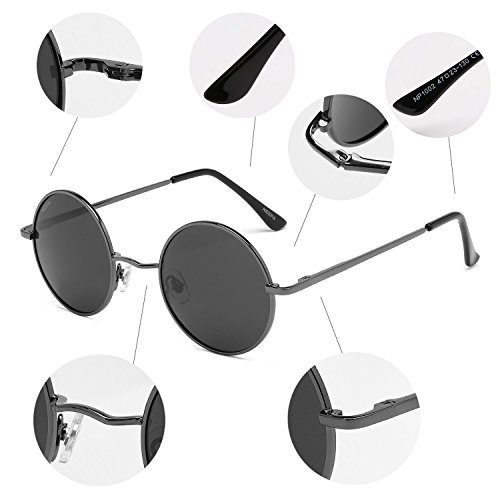 NEEPA John Lennon Vintage Round Polarized Hippie Sunglasses Small Circle Metal Driving Sun Glasses (Grey Lens/Gun Frame) - Thumbnail 4
