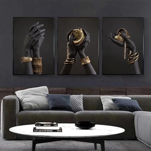 Affiches africaines modernes de main noire avec bracelet en or, lot de 3 toiles 60x90cm sans cadre