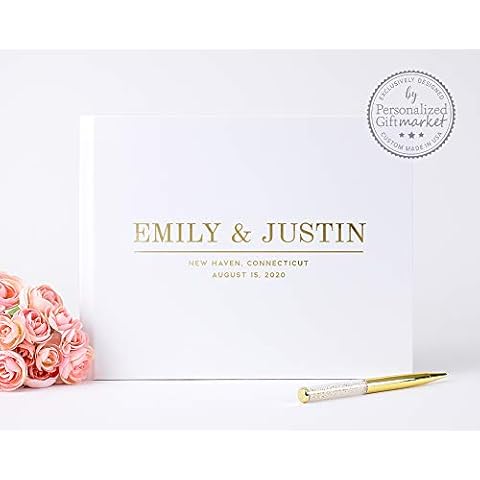 White Customized Wedding Guest Book, Personalized Custom Photo Album or Signature Book with Real Foil - Hardcover (9x6 inches) Cover