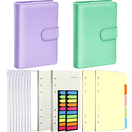2 Pieces A6 Leather Notebook Binder Cover Planner Binder with 8 Pieces A6 Binder Pockets, 40 Pieces A6 Loose Leaf Paper, 10 Pieces Colored Binder Dividers and 400 Pieces Neon Page Markers