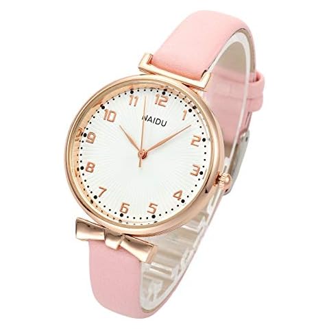 Top Plaza Womens Ladies Classic Watch Simple Leather Analog Quartz Wrist Watch Rose Gold Case Arabic Numerals Casual Dress Watches(Pink) Cover