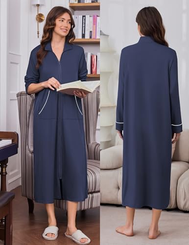 Image of Ekouaer Zipper Robes for Women Long Sleeve Lightweight House Coats with Pockets Zip Up Bathrobe Loungewear S-3XL