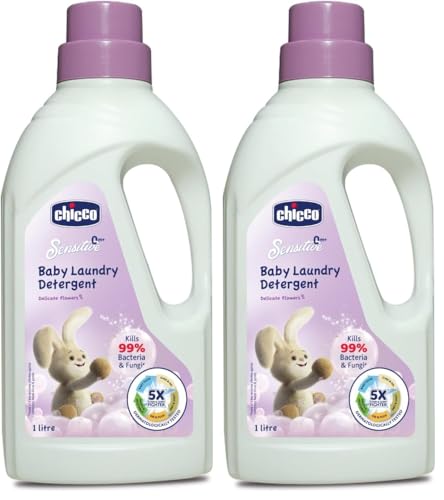 Image of Chicco Baby Liquid Laundry Detergent, 5X Stain & Germ Fighter, Kills 99% Of Germs, Dermatologically Tested For Effective & Gentle Cleaning, Delicate Flowers (1 L) (Pack of 2)