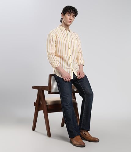 Image of TURMS Men's Casual Striped Linen Shirt | Water Repellent | Anti Stain Anti Odor | Kansas Linen | Concealed Button Down Collar | Full Sleeves