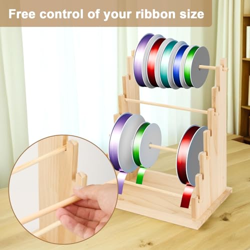 Image of Wooden Ribbon Organizer Rack,Large Capacity Ribbon Holder, Ribbon Spool Holder Stand, Washi Tape Storage Organizer, Wooden Sewing Organizer Display Shelf for Craft Room,Cake Shop,Flower Store (7 Tier)