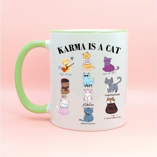 Taylors Version Karma Is A Cat Swiftea Coffee Mug, Swiftie Gifts, Swiftie Merch, Swiftie Book Albums, Swiftie Fan, Swiftea Cup, Music Albums as Books (11oz, Black Handle/Rim)