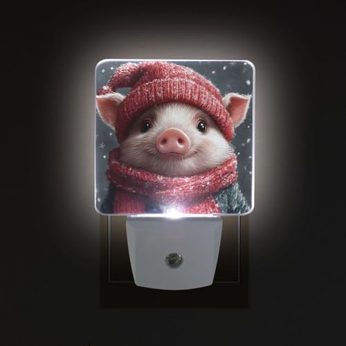 Image of Christmas Pig Night Lights 2 Pack Plug-in Wall Led Nightlight Auto Dusk-to-Dawn Sensor Lamps for Bedroom Kitchen Bathroom
