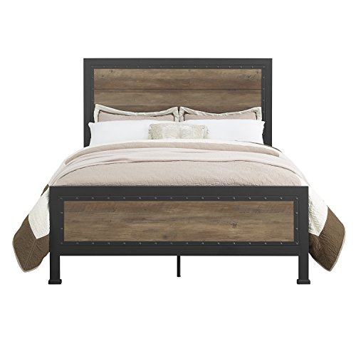 Walker Edison Rustic Farmhouse Wood And Metal Queen Metal Bed Headboard Footboard Bed Frame Bedroom, Queen, Rustic Oak #TOP2