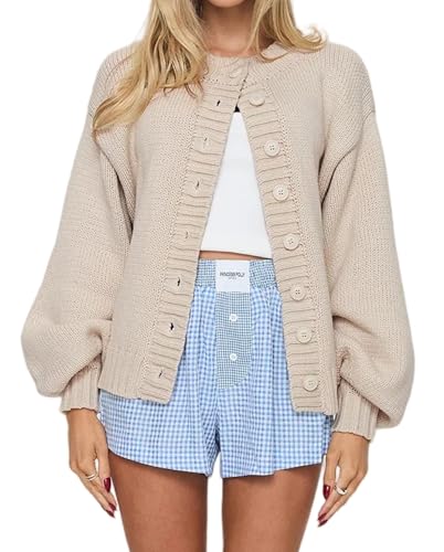 Women Round Neck Chunky Cardigan Button Down Long Sleeve Fall Sweaters Casual Open Front Cropped Knit Coat