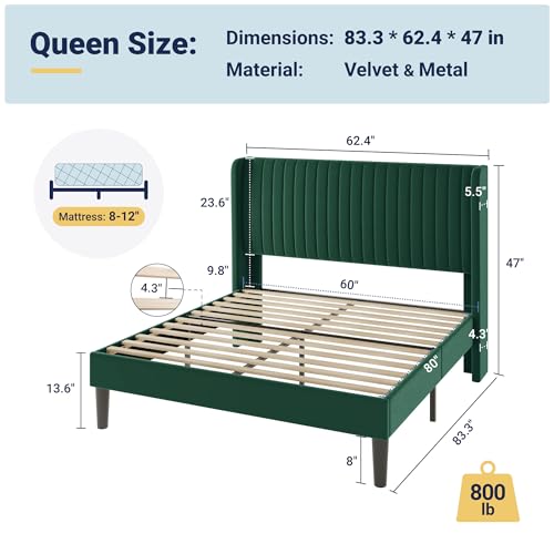 Image of Allewie Queen Size Bed Frame /Velvet Upholstered Platform Bed /Vertical Channel Tufted Wingback Headboard /Strong Wooden Slats /No Box Spring Needed /Easy Assembly /Green