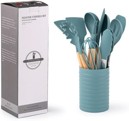 Miniatura 8 de KSENDALO Aqua - Juego de utensilios de cocina pequeños de silicona de 12 piezas con soporte, herramientas de cocina con mango de madera, espátula