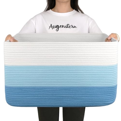 Image of OIAHOMY Large Blanket Basket, 22”x17”x12” Rectangle Woven Baskets, Nursery Blanket Storage Living Room, Toy Storage With Handle, Large Baskets for Organizing-Gradient Light Blue