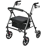 LIVINGbasics Folding Walker with Seat,4-Wheels Rollator with Under-Seat Storage Bag, Adjustable Handle Height,Supports up to 300 lbs-Black