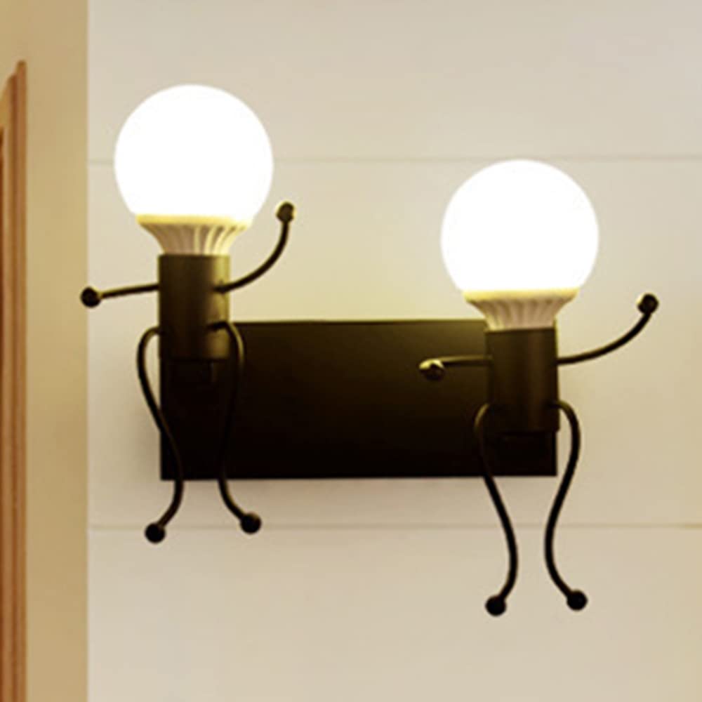 Creativo Dibujos Animados LED Lámparas de Pared Dormitorio Niños Escalonado Gente Pequeña Luces de Pared Sala Moderno Apliques Iluminación Decoración Metal Lámparas de Noche E27 (Negro)