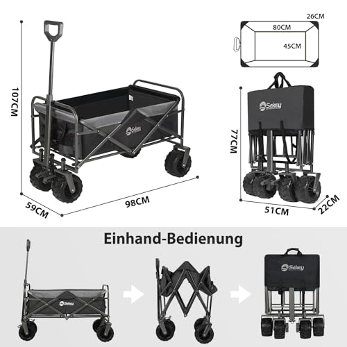 Sekey Bollerwagen Faltbar 200KG, Faltbarer Bollerwagen PU Breite Reifen 17x10 cm, Faltbollerwagen Transportwagen Alle Gelände mit Teleskopstange Bremsen, Klassisch 3017, Schwarz-Grau – Bild 7