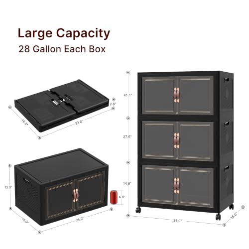 Image of Stackable Storage Bins with Lids, 330QT Lockable Storage Cabinet | Closet Organizers, Foldable Storage Box with Doors and Wheels, Plastic Drawers for Home, Garage, Office (3, Black, Plus)