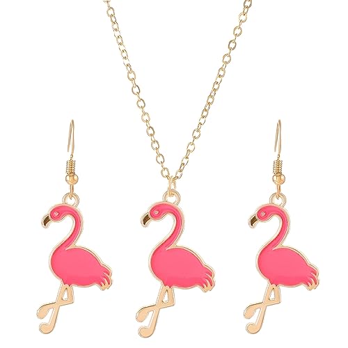 COLORFUL BLING Pink Flamingo Dangle Drop Earrings Hawaiian Tropical Animal Bird Earrings Necklace Jewelry Set Bohemian Summer Beach Jewelry Gifts