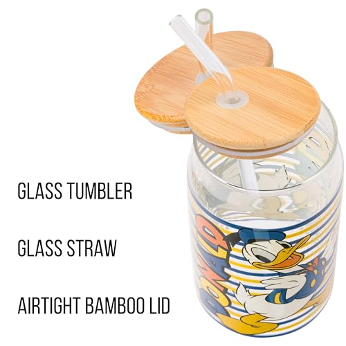 Silver Buffalo Disney Mickey and Friends Donald Duck Blue and Yellow Stripes Glass Jar Tumbler with Bamboo Lid and Glass Straw, 16 Ounces