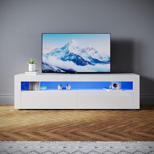 SONNI Lowboard Modern 160cm, TV-Schrank Hochglanz Weiß mit 16 Farben LED-Beleuchtung, 2 Schubladen, 2 Türen für Fernseher bis 65 Zoll, Fernsehtisch für Wohnzimmer & Schlafzimmer, 160x40x45cm. SONNI Lowboard Modern 160cm, TV-Schrank Hochglanz Weiß mit 16 Farben LED-Beleuchtung, 2 Schubladen, 2 Türen für Fernseher bis 65 Zoll, Fernsehtisch für Wohnzimmer & Schlafzimmer, 160x40x45cm.
