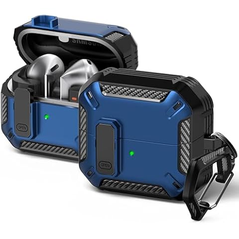 RFUNGUANGO Compatible with Samsung Galaxy Buds3/Galaxy Buds3 Pro (2024) with Locking Closure, Military Grade Drop Proof Headphone Case with Hiking Buckle and Cleaning Kit-A-Blue Cover