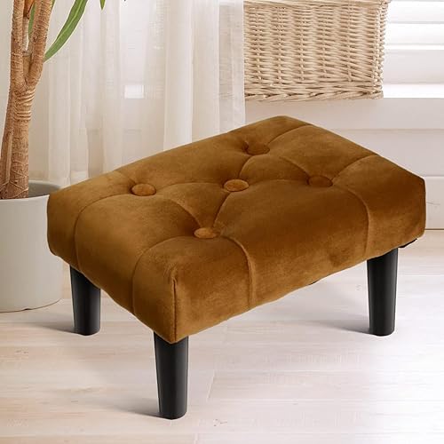 Image of Small Velvet Soft Foot Rest Footstool Ottoman with 4 Wooden Legs, Additional Seating Sofa Footrest for Living Room Entryway Set of 2 Brown